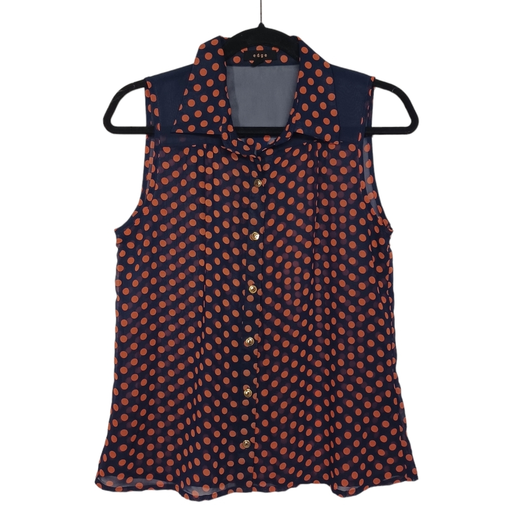 EDGE Navy Blue Orange Polka Dot Sleeveless Semi Sheer Button Front Top Medium